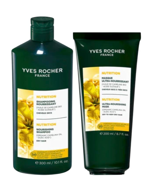 Yves Rocher Intensively Nourishing Hair Shampoo and Mask Camelina Oil All Hair Types 200 ml./6.7 fl.oz. 300 ml./ 10.1 fl.oz Set of 2 Best Gift Kit
