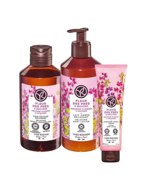 Yves Rocher Meadow Flowers & Hether Shower Gel Body Nourishing Milk Body Scrub Exfoliating Cream Women Day Care 200 ml./6.7fl.oz. 390 ml./13.2 fl.oz. 150 ml./5 fl.oz. Set of 3 Best Gift Kit