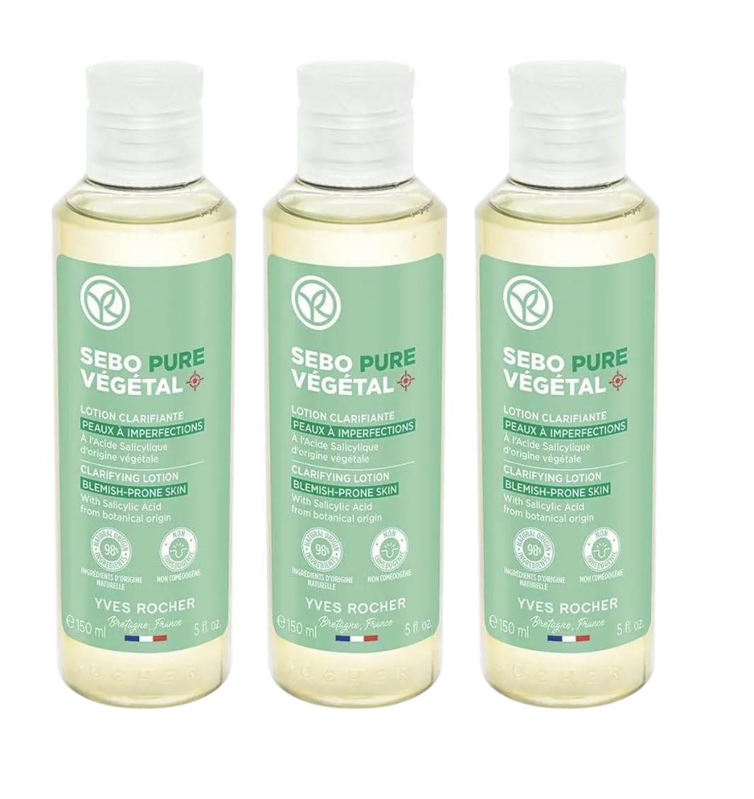 Yves Rocher Sebo Pure Vegetal Clarifying Lotion Purifying & Pore-Tightening Lotion – Problem Skin Solution Women Men Set of 3 Best Gift Kit - 150 ml./5 fl.oz.