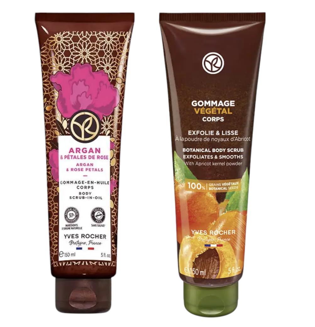 Yves Rocher Body Renewal Scrub with Apricot Kernel Powder and Argan Oil Rose Petals Exfoliating Cream for Smooth - 150 ml./5 fl.oz. Set of 2 Best Gift Kit