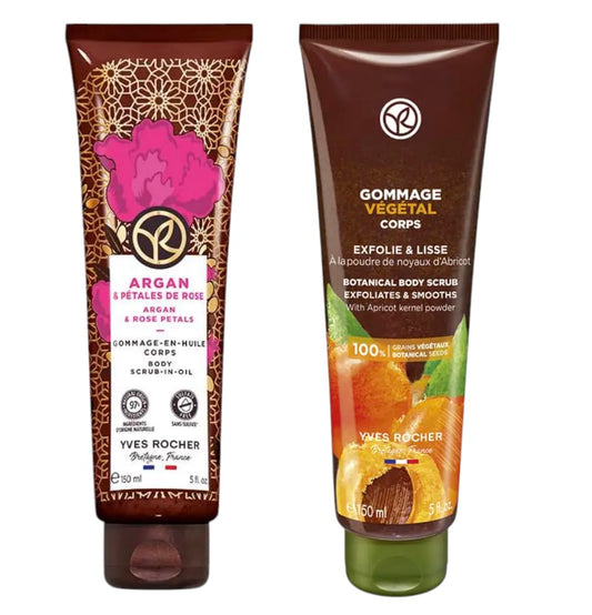 Yves Rocher Body Renewal Scrub with Apricot Kernel Powder and Argan Oil Rose Petals Exfoliating Cream for Smooth - 150 ml./5 fl.oz. Set of 2 Best Gift Kit