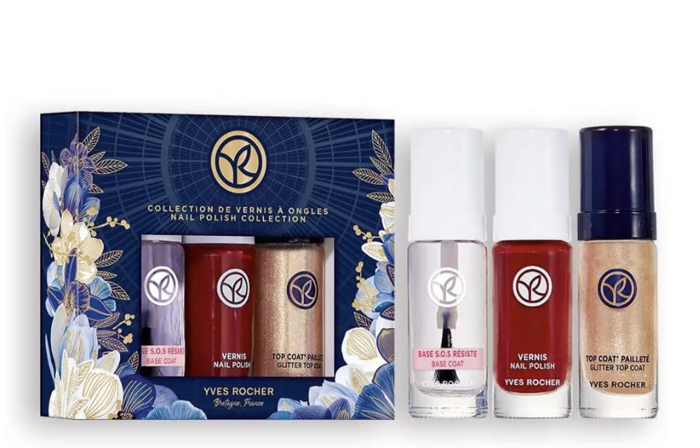 Yves Rocher Set of Nail Polishes Base Burgundy Color and Top Limited Collection Christmas Eddition