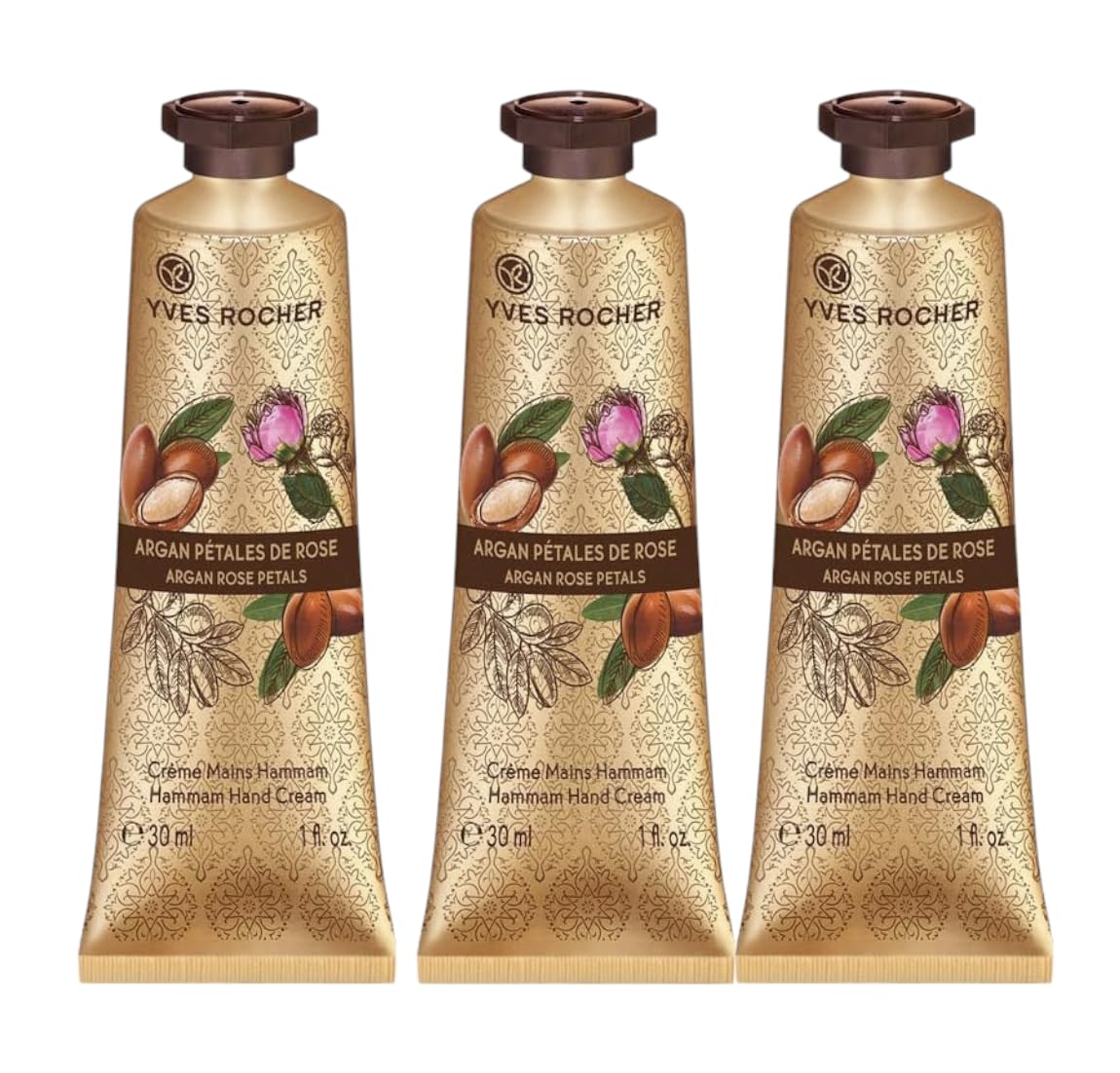 Yves Rocher Moisturizing Argan and Rose Petals Hand Cream - 30 ml. / 1 fl.oz. Set of 3 Best Gift Kit