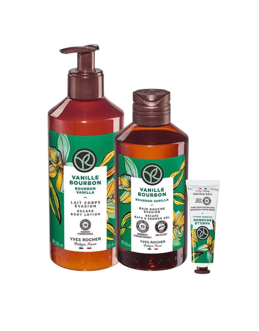 Yves Rocher Bourbon Vanilla Nourishing Shower Gel Body Nourishing Milk Perfumed Hand Cream Set of 3 Women Day Care 200 ml./6.7fl.oz. 30 ml./1 fl.oz. 390 ml./13.1 fl.oz. Best Gift Kit