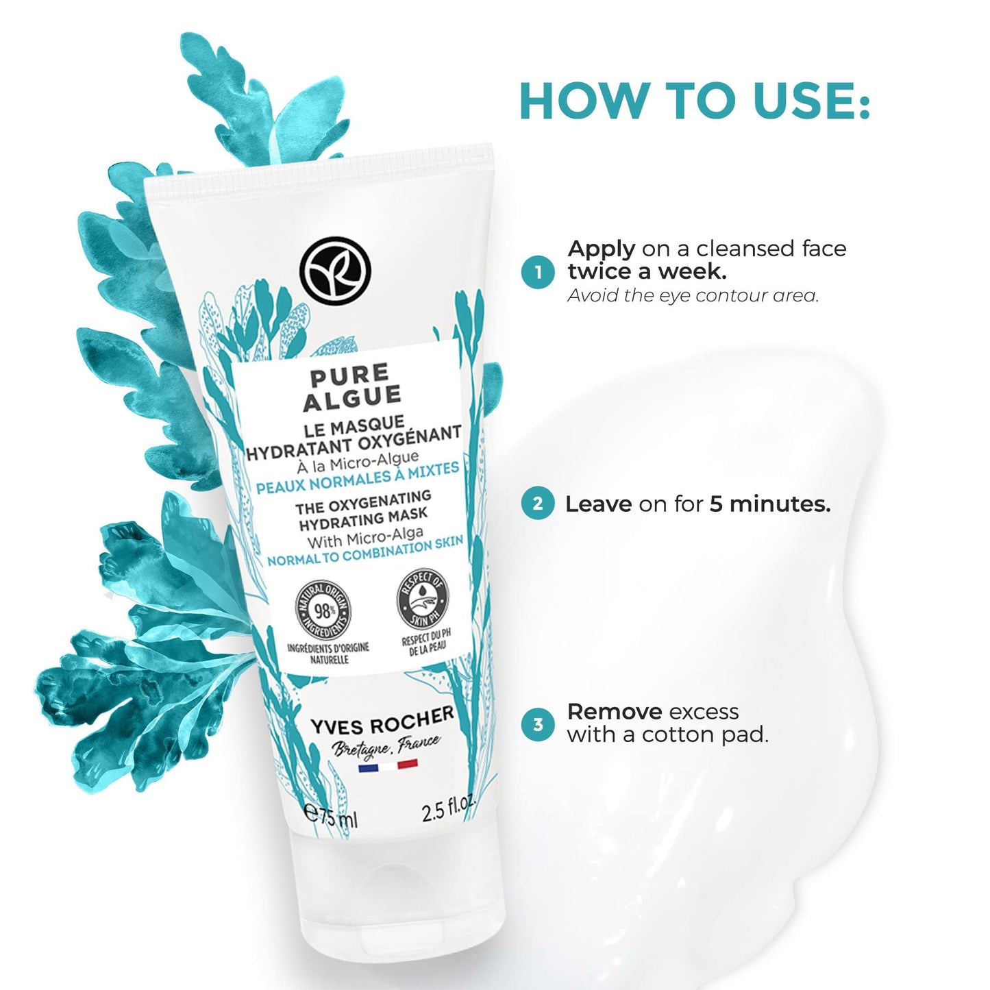 Yves Rocher The Oxygenating Hydrating Mask – Pure Algue | For Normal to Combination Skin | Moisturize & Revitalize | 2.5 fl oz