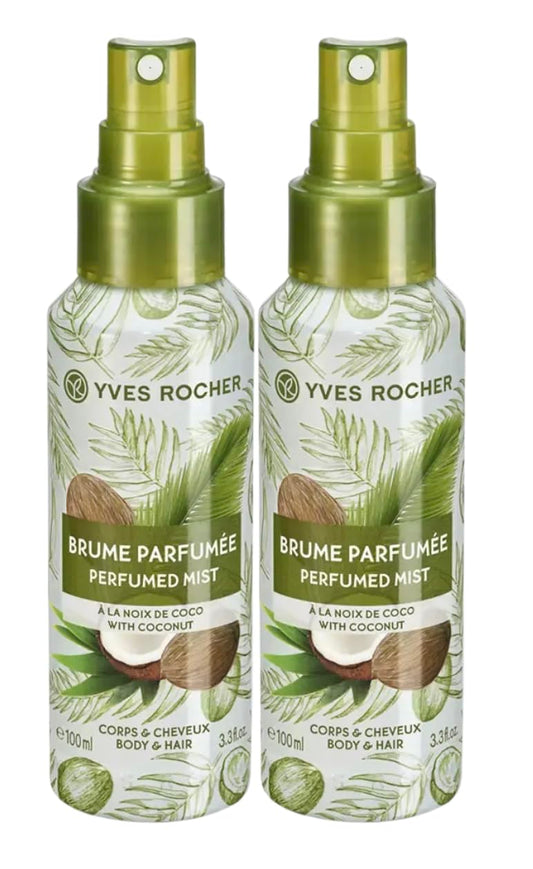 Yves Rocher Sweet Coconut Hair and Body Spray Long Lasting Mist Women 100 ml./3.3 fl.oz. Set of 2 Best Gift Kit