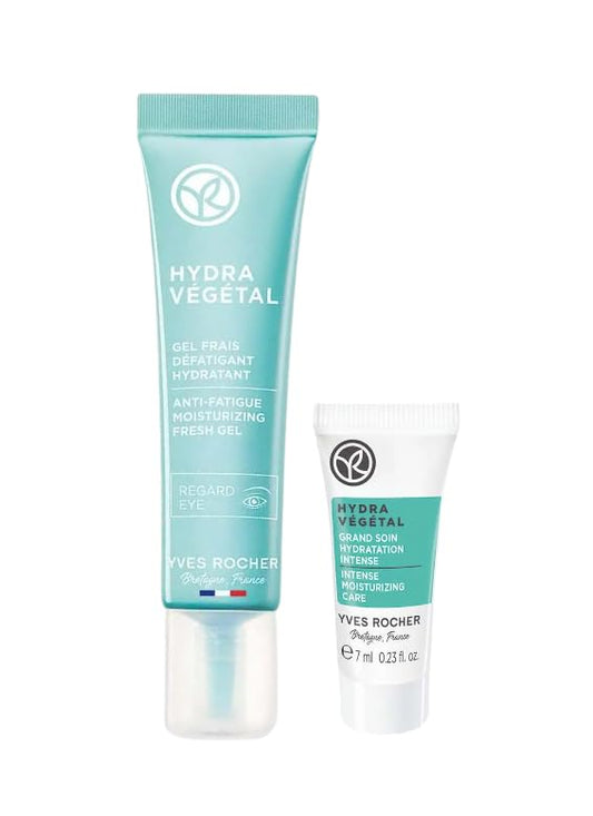 Yves Rocher Hydra Vegetal Anti-fatigue Moisturizing Fresh Eye Contour Gel Cream Hydrating Face Mask Set of 2 Mini Size Travel for All Skin Types 15 ml./ 0.5 fl.oz and 7 ml./0.23 fl.oz.