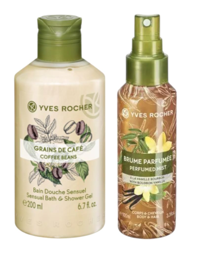 Yves Rocher Sensual Bath & Shower Gel Nourishing Moisturising - Coffee Beans and Bourbon Vanilla Body Mist Spray Set of 2 200 ml./6.7 fl.oz. 100 ml./3.3 fl.oz.Best Kift Kit