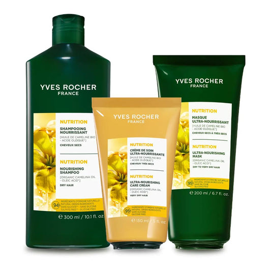 Yves Rocher Intensively Nourishing Hair Live in Cream Shampoo and Mask Set of 3 Camelina Coconut Oil and She Butter Manageable Hair 230°C - 5 fl.oz 6.7 fl.oz.10.1 fl.oz.