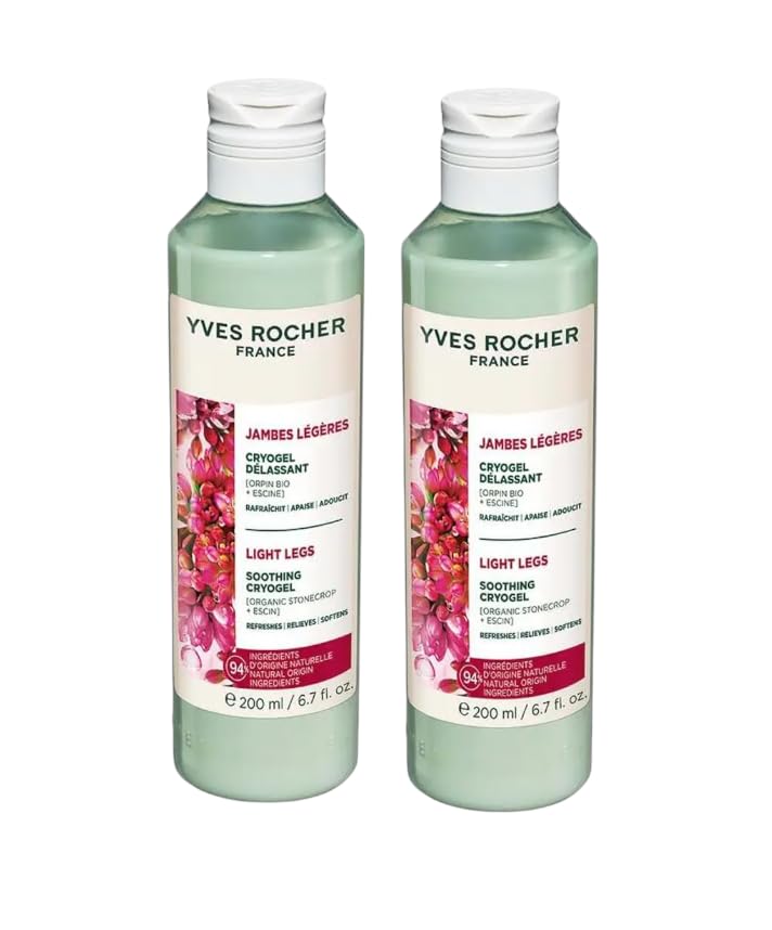 Yves Rocher Soothing Cryogel for Tired Legs Cooling Relief Reduces Swelling Softens Skin with Menthol & Botanical Extracts Set of 2-200ml / 6.7 fl oz Best Gift Kit