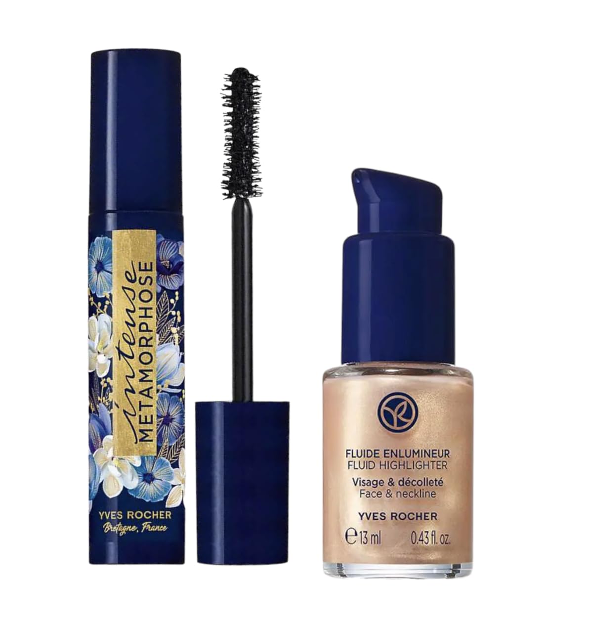 Yves Rocher Fluid Highlighter Liquid Face Natural Makeup Black Mascara Set of 2 Limited Collection Everyday Women Long Lasting Wear 13 ml/ 0.43 fl.oz. and 7.8 ml./0.26 fl.oz.