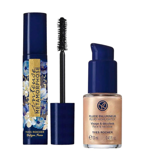 Yves Rocher Fluid Highlighter Liquid Face Natural Makeup Black Mascara Set of 2 Limited Collection Everyday Women Long Lasting Wear 13 ml/ 0.43 fl.oz. and 7.8 ml./0.26 fl.oz.