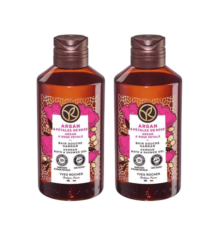 Yves Rocher Argan and Rose Petals Nourishing Shower Gel Bath & Body Routine Women Men Day Care 200 ml./6.7fl.oz. Set of 2 Best Gift Kit