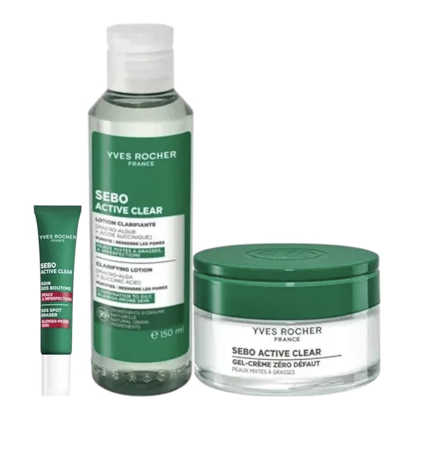 Yves Rocher Sebo Active Clear Anti-Imperfection Cleansing Tonic Lotion Pore-cleansing Charcoal Mask and Spot Gel All Skin Types Set of 3-150 ml / 5 flOz 75 ml / 2.5 flOz 10 ml / 0.3 flOz