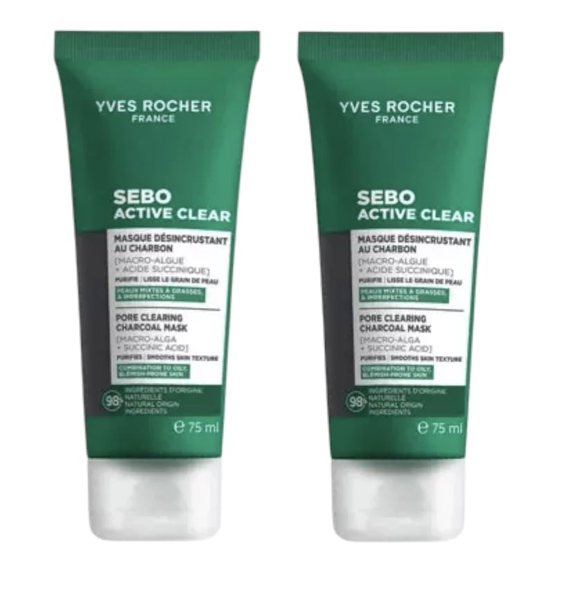 Yves Rocher Sebo Active Clear Pore-cleansing Mask Charcoal Women Day Care Hydration All Skin Types - 75 ml / 2.5 flOz Set of 2 Best Gift Kit