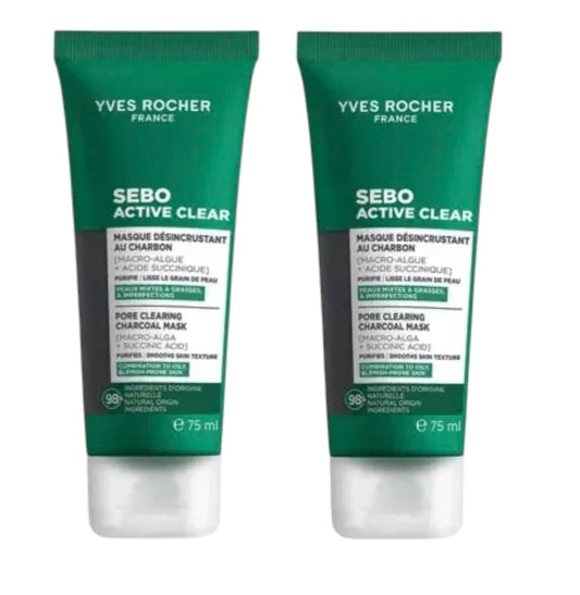 Yves Rocher Sebo Active Clear Pore-cleansing Mask Charcoal Women Day Care Hydration All Skin Types - 75 ml / 2.5 flOz Set of 2 Best Gift Kit