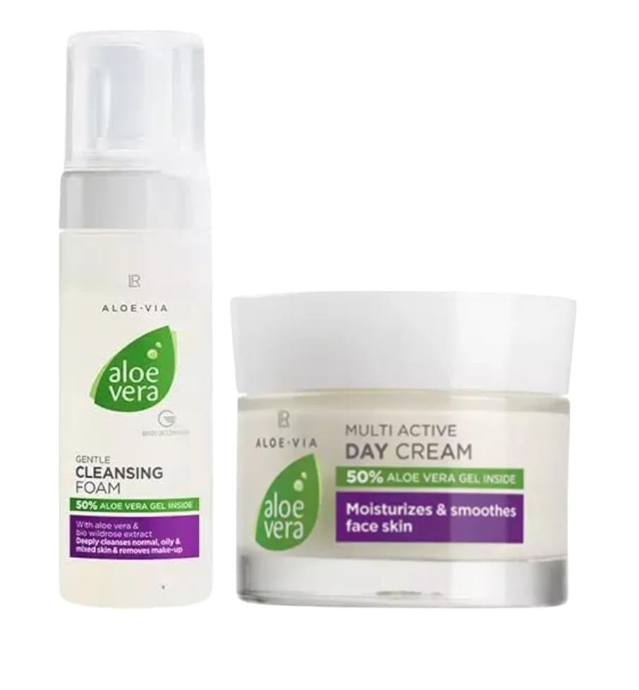 LR Health&Beauty Aloe-Via Aloe Vera Gentle Cleansing Foam and Multi Active Day Cream Set of 2 Smoothing Skin Face Day Care 150 ml./6.7 oz 50 ml./1.7 fl.oz Best Gift Kit