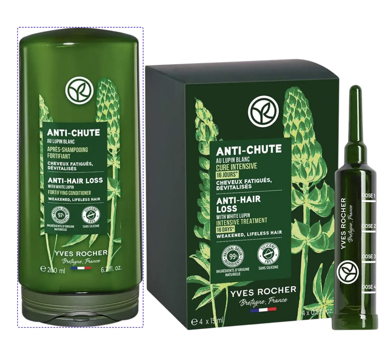 Yves Rocher Botanical Anti-Hair Loss Strengthening Conditioner Scalp Lotion Intensive Tretment Set of 2-200 ml./6.7 fl.oz. 4 x 15 ml Best Gift Kit