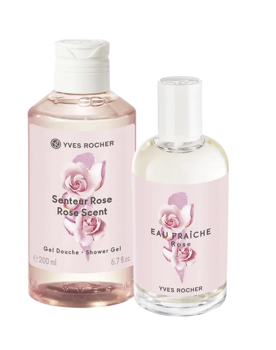 Yves Rocher Rose Scent Perfumed Shower Gel Nourishing Moisturizing Body and Eau de Parfum Set of 2 for Women Long Lasting Fragrance -100 ml./3.3.fl oz. and 200 ml./6.7 fl.oz. Best Gift Kit