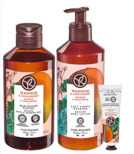 Yves Rocher Mango Coriander Gel, Milk, Cream Gift Kit Bath & Body Routine Set - 200 ml./6.7 fl.oz.,390 ml./13.1 fl.oz. and 30 ml./1 fl.oz.