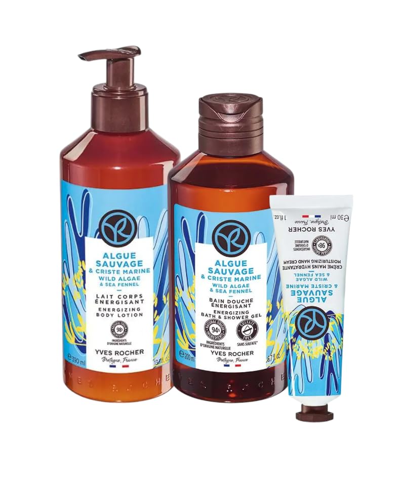 Yves Rocher Wild Algae & Sea Fennel Shower Gel Body Nourishing Milk Perfumed Hand Cream Women Men Day Care 200 ml./6.7fl.oz. 390 ml./13.2 fl.oz. 30 ml./1 fl.oz. Set of 3 Best Gift Kit