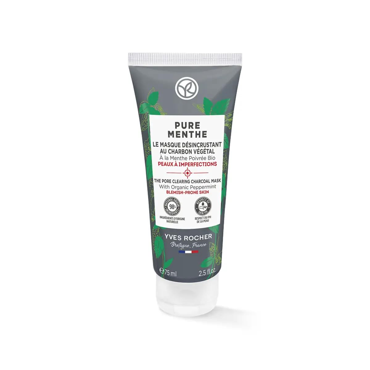 Yves Rocher Pure Menthe Purifying Charcoal & Peppermint Mask – Deep Cleansing, Oil Control & Blackhead Removal Absorbs Excess Sebum for Matte, Clear Skin – 75ml / 2.5 fl.oz.