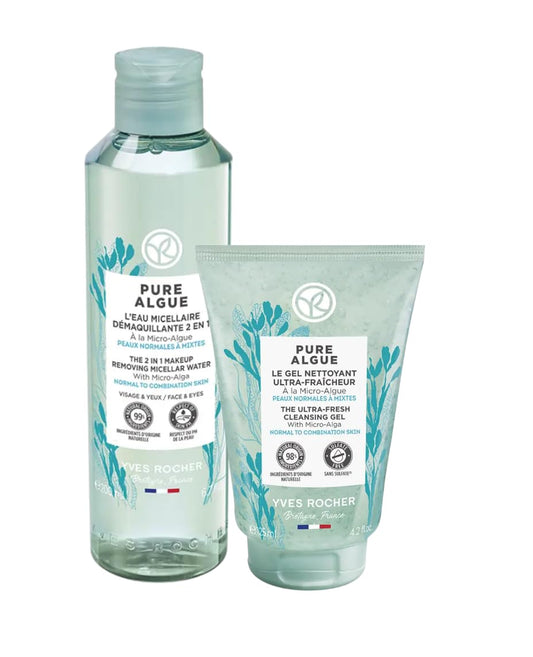 Yves Rocher Pure Algue 2 in 1 Miccelar Makeup Removing Water and Ultra Fresh Cleansing Gel Nourishing Moisturizing Set of 2-200 ml./6.7 fl.oz. and 125 ml./4.2 fl.oz.