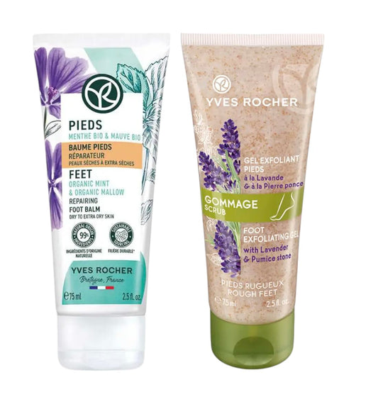 Yves Rocher Nourishing Smooth Legs Foot Scrub and Calming Feet Balm Set of 2 with Lavender Oil 75 ml./2.5 fl.oz. Best Gift Kit