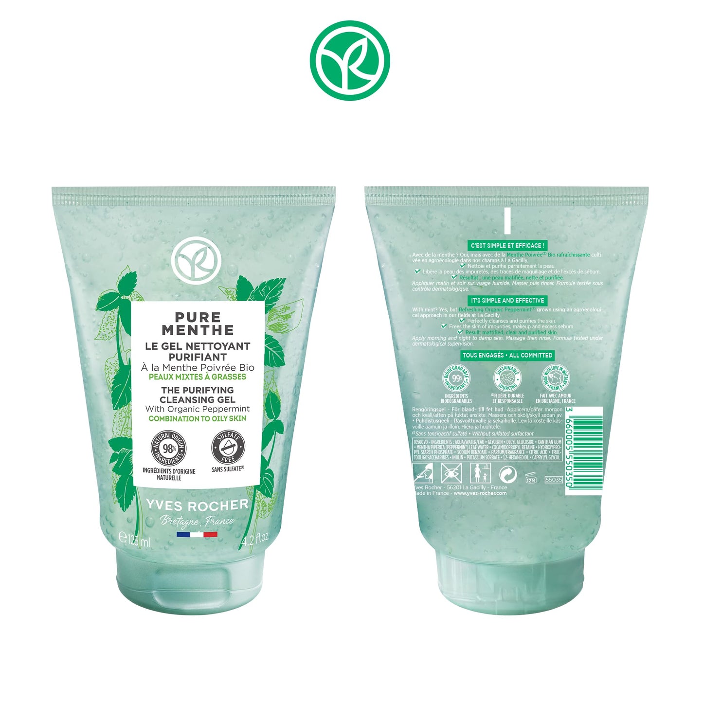 Yves Rocher Purifying Cleansing Gel for Combination to Oily Skin – Pure Menthe – 4.2 Oz – 1 Ct