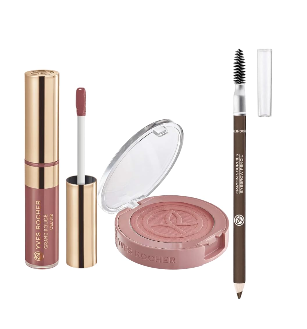 Yves Rocher Grand Rouge l'Elixir Shade 101 Liquid Matte Lipstick and Compact Face Blush Camellia Set of 2 Best Gift Kit 7ml and 3.3 g