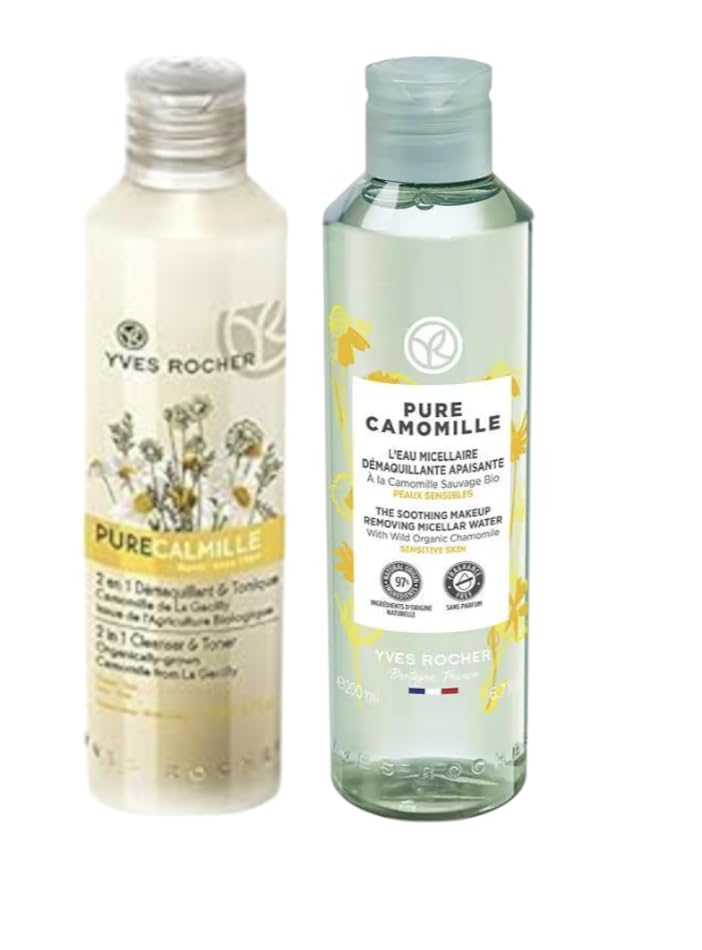 Yves Rocher Pure Calmille 2-in-1 Cleanser & Toner Makeup Remover Micellar Water All Skin Types Milk Day Care 200 ml./6.7 fl.oz. Set of 2 Best Gift Kit
