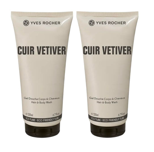 Yves Rocher Cuir Vetiver Shampoo Perfumed Shower Gel Men's All-in-One Cleansing Gentle Skin Daily Use Long-Lasting Fragrance Set of 2 Best Gift Kit - 200ml./6.7flOz