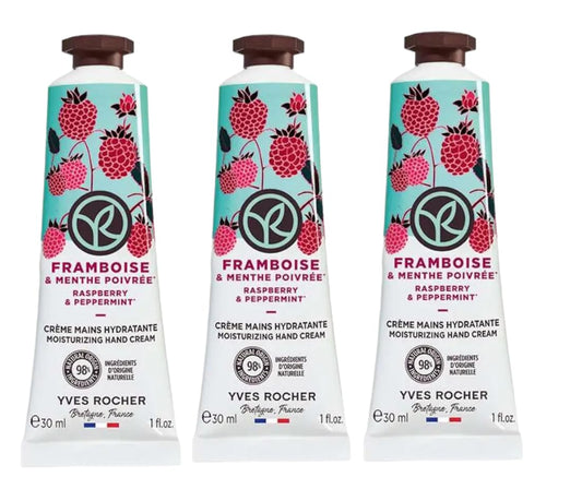 Yves Rocher Moisturizing Raspberry and Peppermint Hand Cream Set of 3 Tubes - 30 ml. / 1 fl.oz.