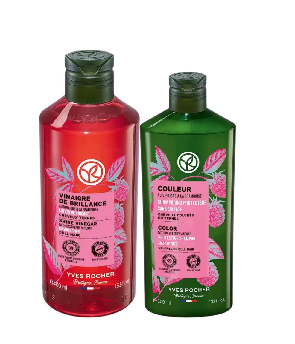 Yves Rocher Raspberry Shine Hair Vinegar And Shampoo Set of 2 – Restores Natural Women Unisex Hair Shine 400 ml./13.5 fl.oz. 300 ml./10.1 fl.oz.