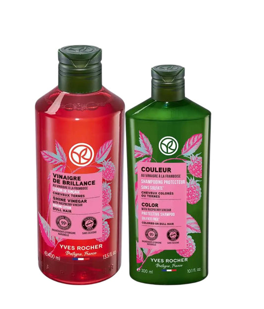 Yves Rocher Raspberry Shine Hair Vinegar And Shampoo Set of 2 – Restores Natural Women Unisex Hair Shine 400 ml./13.5 fl.oz. 300 ml./10.1 fl.oz.