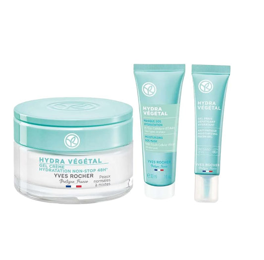 Yves Rocher Hydra Vegetal SOS Face Mask Deep Skin Hydration Moisturizing Gel Eye Contour and 48 hours Hydration Cream Set of 3-50 ml./1/7 fl.oz. and 30 ml./1 fl.oz.