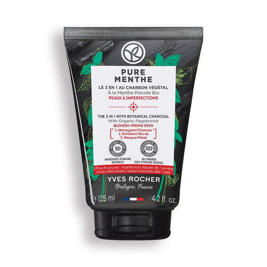 Yves Rocher 3-in-1 Cleanser for Matte Skin with Charcoal & Mint – Purifying Face Wash, Scrub & Mask, Reduces Imperfections in 1 Week – Deep Cleansing for Oily & Acne-Prone Skin – 125ml / 4.2 flOz