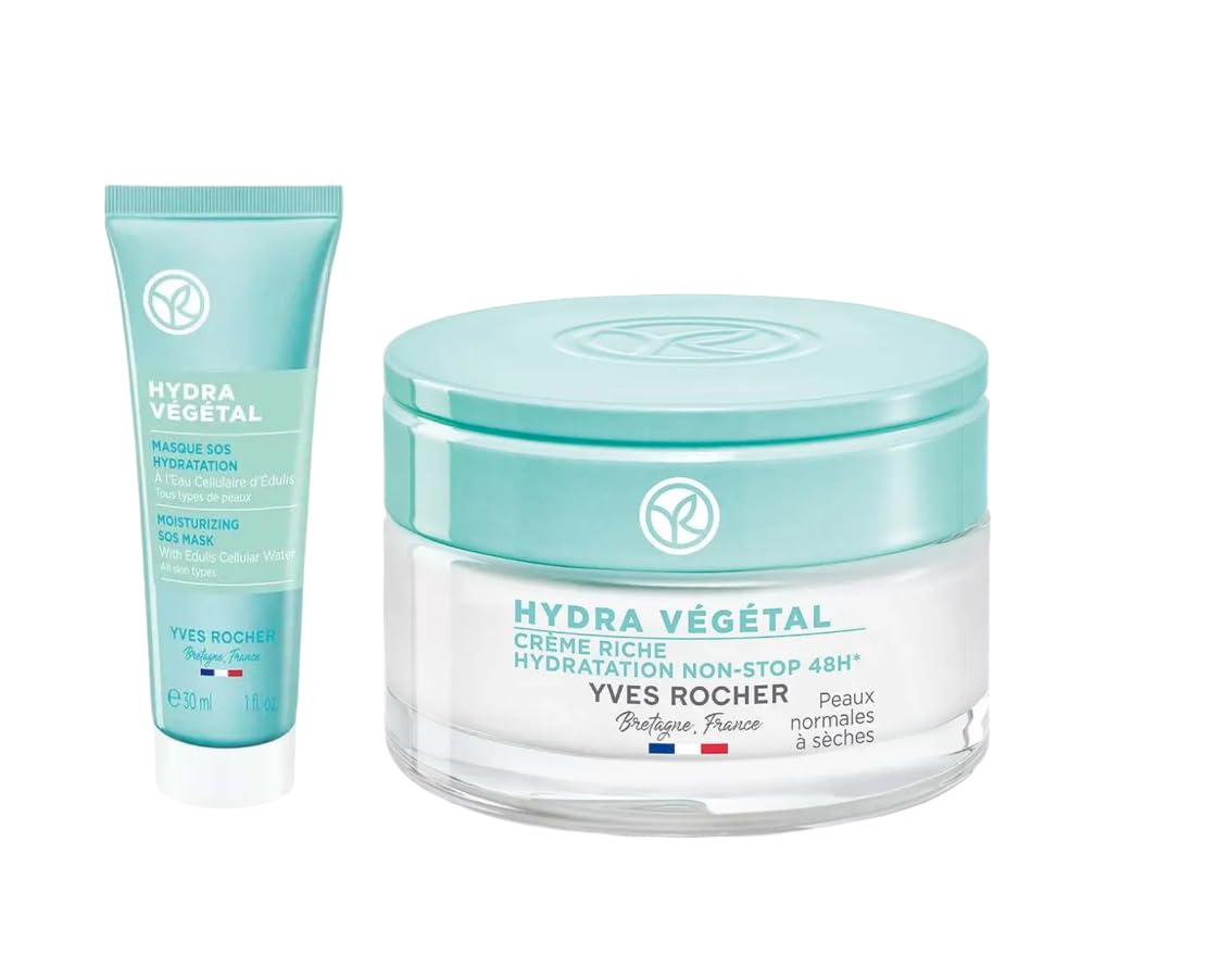 Yves Rocher Hydra Vegetal SOS Face Mask Deep Skin Moisturising 48h Non-Stop Hydration Cream Set of 2-50 ml./1.7 fl.oz. and 30 ml./1 fl.oz.