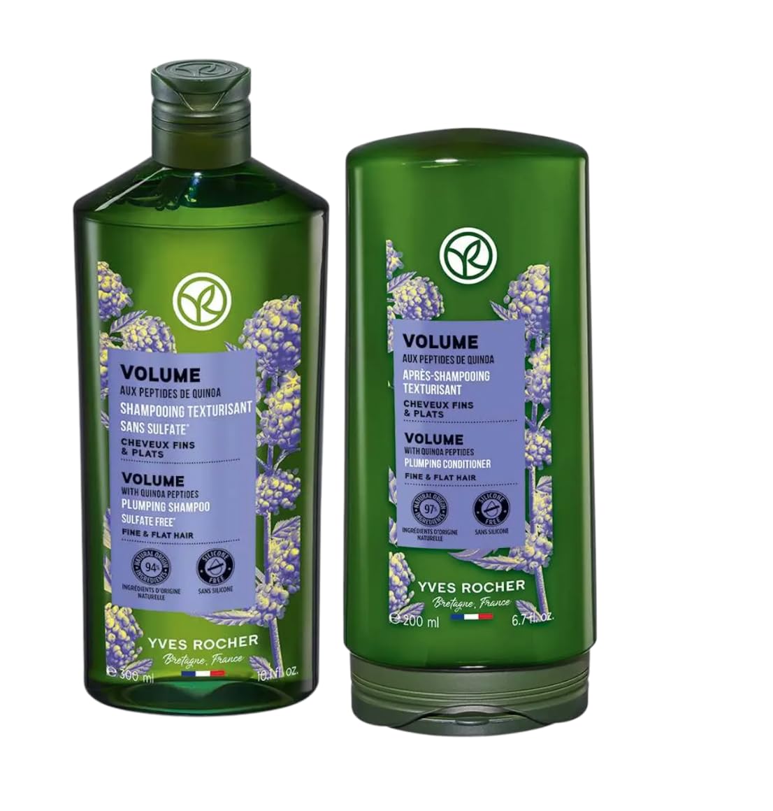 Yves Rocher Volume Plumping Shampoo and Conditioner Set of 2 with Quinoa Extract Visibly Increases Hair Volume After Just 3 Uses - 300 ml./10.1 and 200 ml./6.7 fl.oz.
