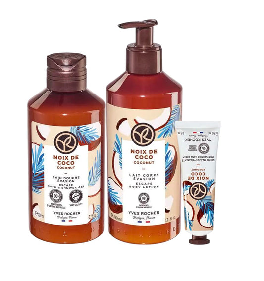 Yves Rocher Coconut Nourishing Shower Gel Body Nourishing Milk Perfumed Hand Cream Women Men Day Care 200 ml./6.7fl.oz. 390 ml./13.2 fl.oz. 30 ml./1 fl.oz. Set of 3 Best Gift Kit