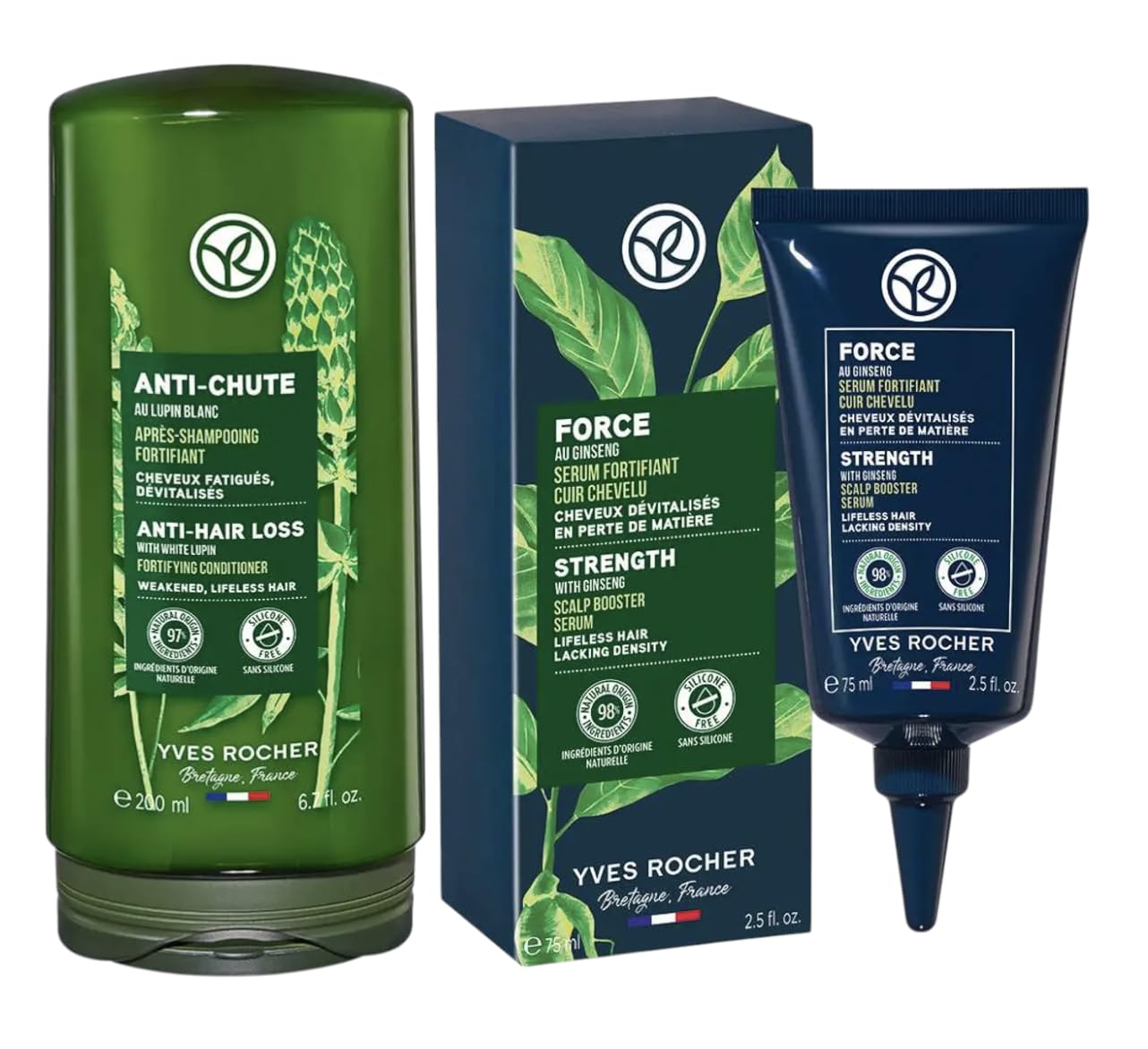 Yves Rocher Hair Growth & Strengthening Serum Ginseng Extract and Anti Hair Loss Conditioner Intensive Nourishment for Scalp – 75ml / 2.5 fl oz 200 ml./6.7 fl.oz.