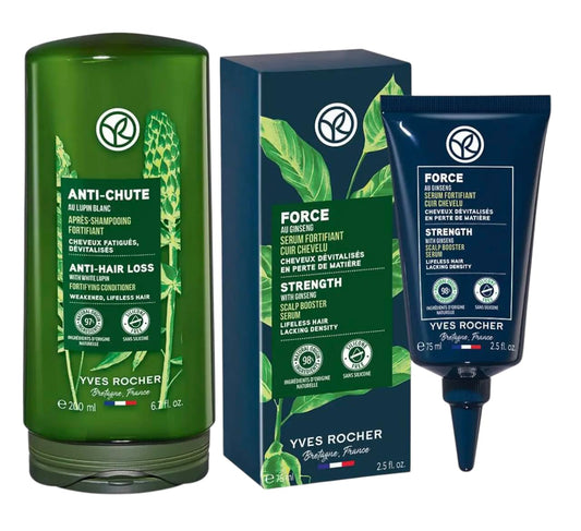 Yves Rocher Hair Growth & Strengthening Serum Ginseng Extract and Anti Hair Loss Conditioner Intensive Nourishment for Scalp – 75ml / 2.5 fl oz 200 ml./6.7 fl.oz.
