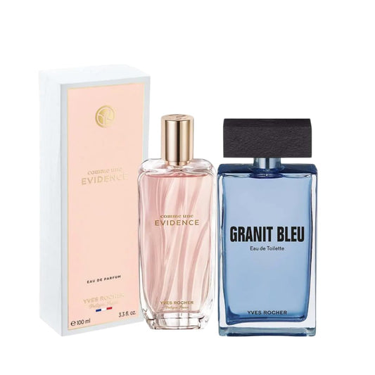 Yves Rocher Eau de Toilette Granit Bleu and Comme Une Évidence for Men and Women Long Lasting Fragrance Set of 2 Gift Kit - 100 ml./3.3 fl.oz.