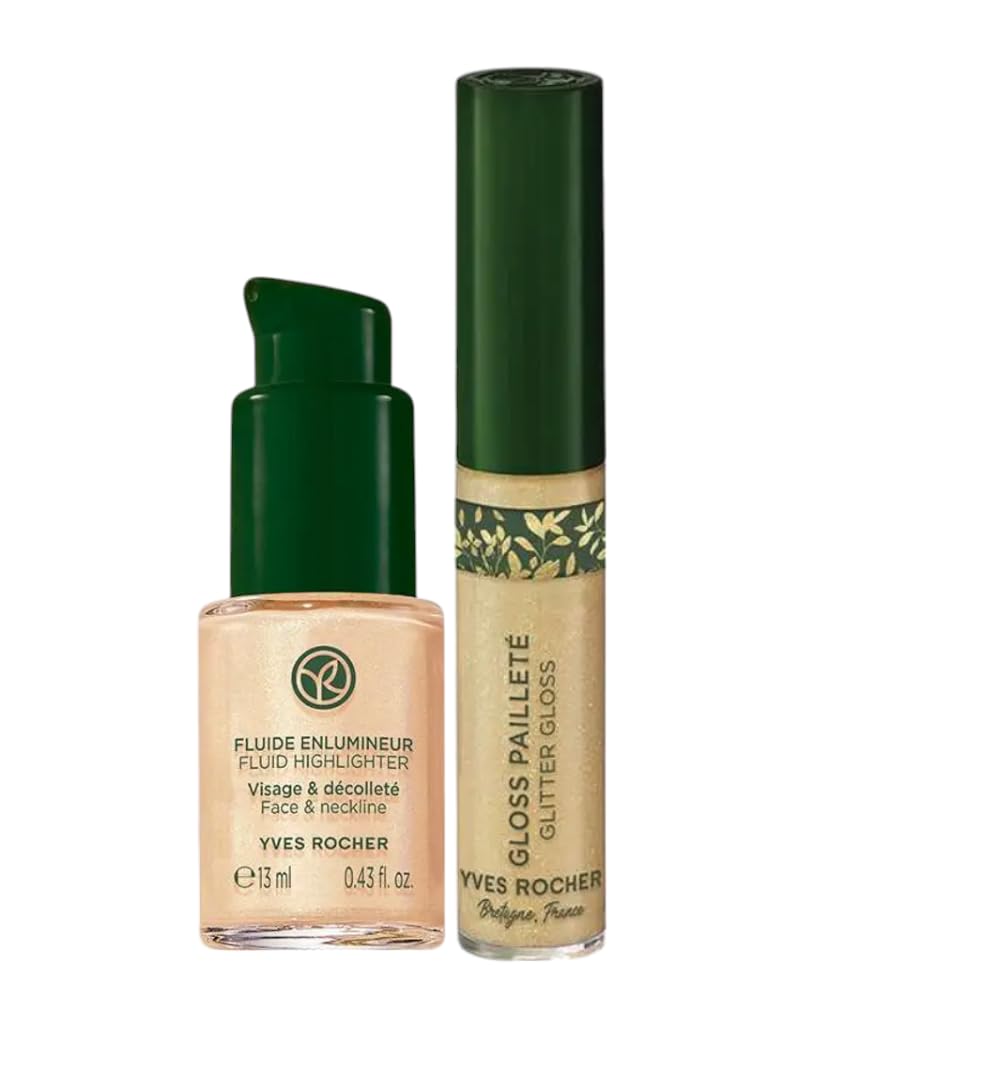 Yves Rocher Rouge Elixir Lip Gloss Shimmering High-Shine Lip Gloss and Liquid Face Fluid Highlighter Set of 2-7ml / 0.24 fl oz and 13 ml/ 0.43 fl.oz.