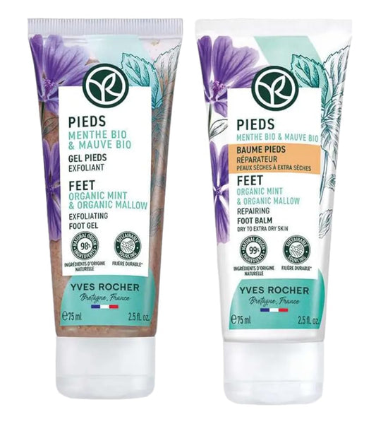 Yves Rocher Foot Exfoliating Gel Scrub and Organic Balm Set Reduce Calluses and Smooth Dry Rough Skin 75 ml./ 2.5 fl.oz.