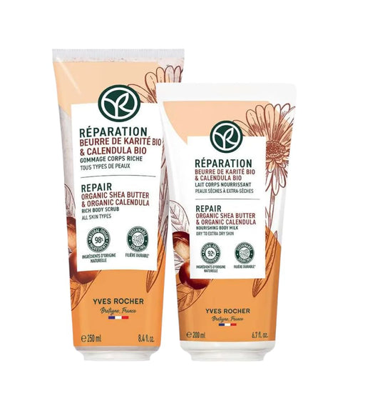 Yves Rocher Recovery and Care Set of 2 with Karite Regenerating Milk and Nourishing Revitalizing Body Scrub Shea Butter Women Men - 250 ml./8.5 fl.oz. and 200 ml./6.7 fl.oz.