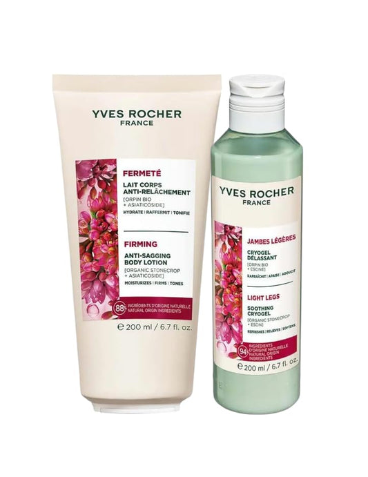 Yves Rocher Firming Anti Sagging Body Lotion Firmness Moisturizing and Soothing Cryogel Tired Legs Cooling Care Hydrating Body Set of 2-200ml / 6.7 fl oz Best Gift Kit