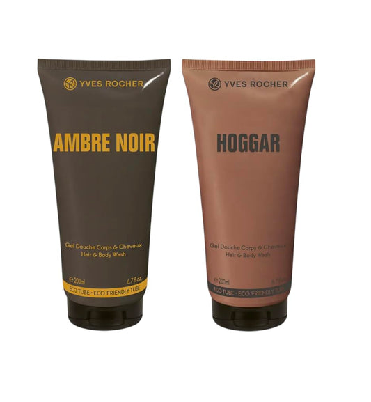 Yves Rocher Ambre Noir and Hoggar Perfumed Shower Gel Set of 2 Shampoo Men's All-in-One Cleansing Daily Use Long-Lasting Fragrance Best Gift Kit - 200ml./6.7flOz