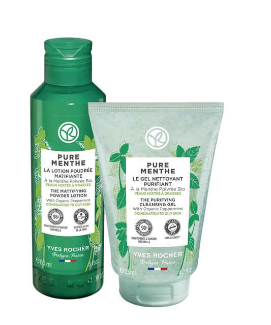 Yves Rocher Pure Menthe Matte Mint Lotion-Powder Oil-Control Toner and Purifying Gel Botanical Mint Women Men Set of 2 – 150ml / 5.07 flOz 125 ml./4.2 fl.oz.