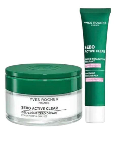 Yves Rocher Sebo Active Clear Anti-Imperfection Gel-Cream and Regenerating Soothing Balm Tightens Pores Lightweight Hydration All Skin Types Set of 2-50 ml / 1.7 flOz 40 ml./1.4 fl.oz.